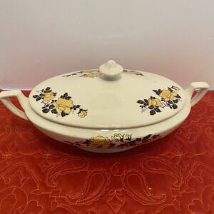 Cleveland China Covered Serving Dish Vintage Yellow/Black Floral‎ Canonsburg